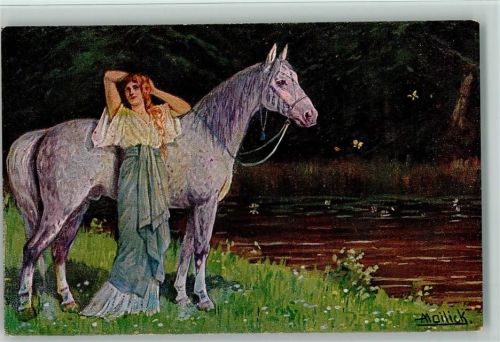 Waldtraut - S.V.D. Serie 4253-3 Gemälde von Mailick - Frau mit ihrem Pferd am Fluß