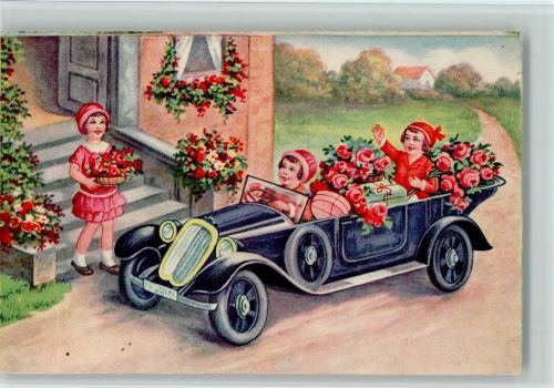 Geburtstag - Kinder bringen Rosen im Automobil ca 1930 AK