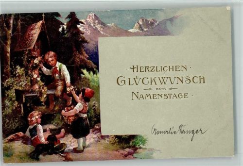 Drei Kinder legen am Wegekreuz Blumen nieder , christliches 1907 AK