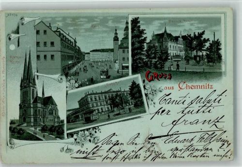 09111 O9001 Chemnitz , Sachs 1898 Lithographie / Mondschein Carola-Hotel Bahnhof Markt Markus-Kirche Blumen