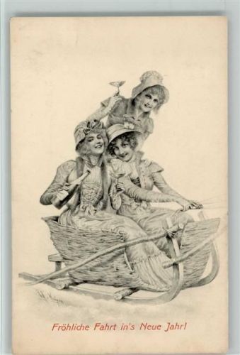 M.M. Vienne Nr. 206 sign Wichera - Drei Biedermeier Frauen im Korbschlitten, Sektflasche