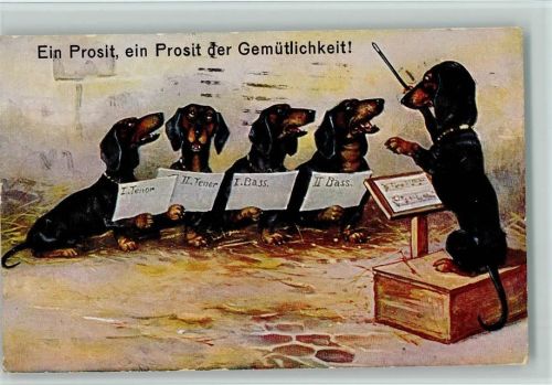 vermenschlicht - Chor mit Dirigent - Müchner Meister Nr. 1313 AK Dackel Künstlerkarte