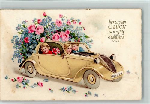 1936 Geburtstag - Kinder im Auto mit Vergißmeinnicht und Rosen