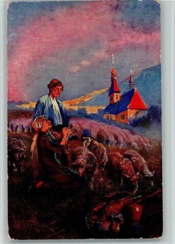 Gebet Ave Maria - Bauern mit Schafe , sign Skramlikü - 1915 AK