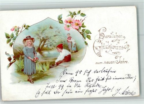 Neujahr - Kinder beim Angeln 1898 AK