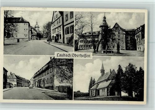 Laubach 1953 Straßenpartie, Schloss, Kirche AK