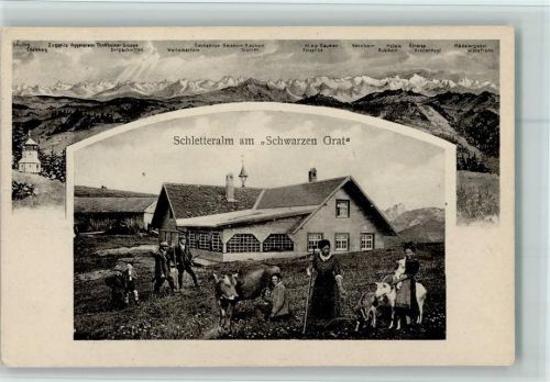 88299 W7970 Sonthofen 1921 - Almhütte - Schletteralm am schwarzen Grat Kuh melken, Ziege, Bauern - Berge , gute Erhaltung AK