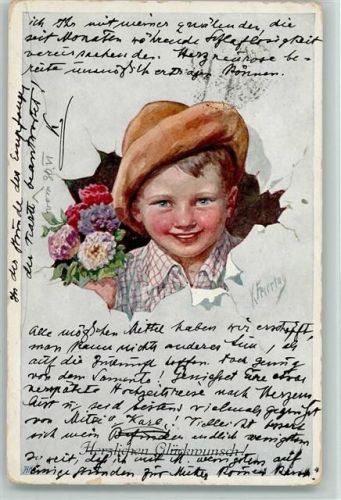 BKW Serie 803-3 - Kinderkopf schaut aus der Postkarte heraus
