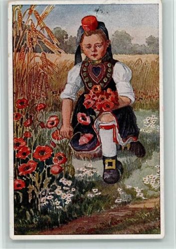 Hessische Trachten Nr. 233 - Mädchen pflückt Mohnblumen AK