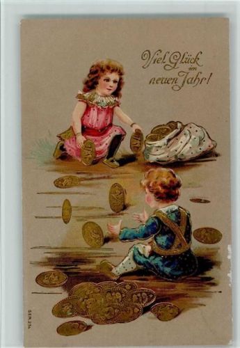 1907 Neujahr, Golddruck - Kinder spielen mit Münzen, gute Erhaltung
