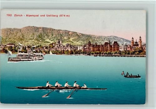 Zürich Alpenquai und Uetliberg Personendampfschiff Ruderboote mit Ruderern