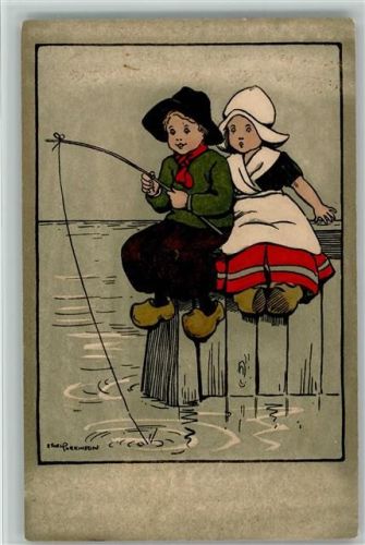 hollandkinder beim Angeln - Holzschuhe 1911 litho AK sign Parkinson