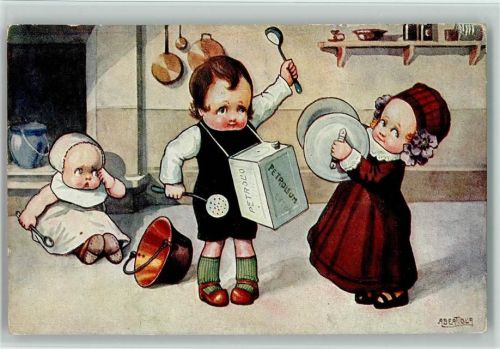 Kinder machen Musik mit Küchengeschirr ca 1920 AK