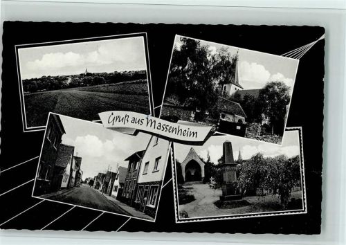 Massenheim 1965 Kriegerdenkmal, Kirche, Straßenbild, gute Erhaltung AK