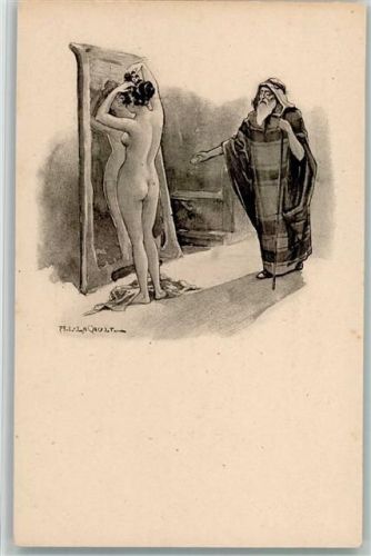 1900 Nackte Frau vor dem Spiegel und Beduine, sehr gute Erhaltung AK