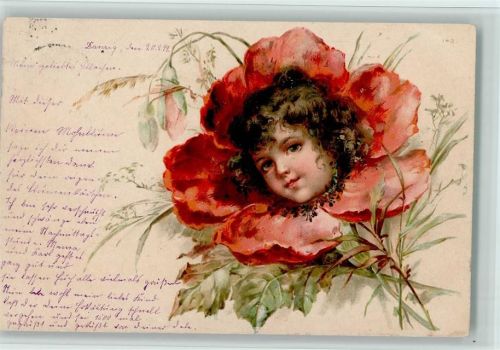 1899 Kinderkopf in einer Mohnblume , Jugendstil litho