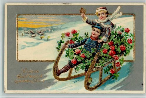 Kinder mit einem Ziehhornschlitten 1911 AK