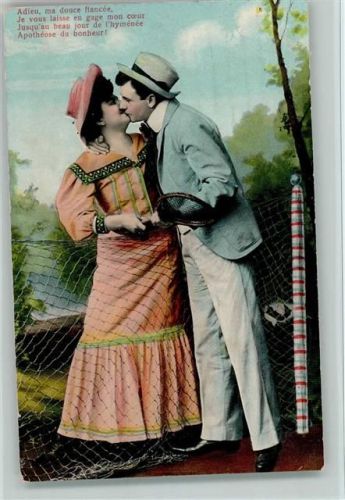 1909 Liebespaar am Netz, inniger Kuß AK
