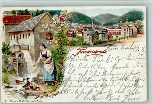 Friedrichroda 1910 Ortsansicht Bauersfrau beim Füttern der Enten Wassermühle