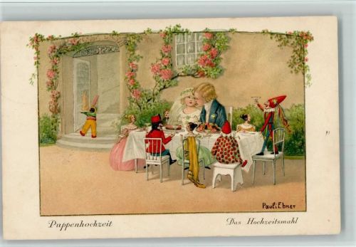 August Rökel Serie 1362 - Puppenhochzeit - Hochzeitsmahl AK Ebner, Pauli 1928 Künstlerkarte