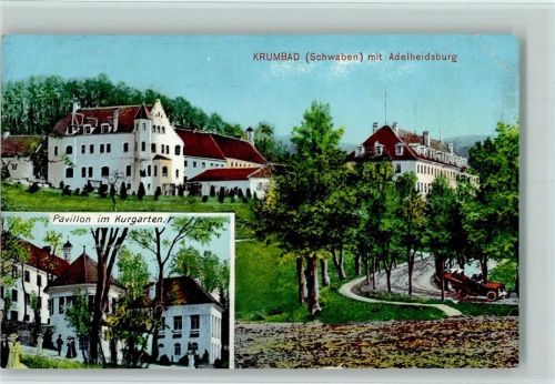 Krumbad 1913 mit Adelheisburg, Pavillon im Kurgarten AK