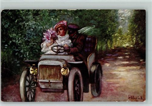 1911 Ausfahrt im Automobil - Künstlerkarte sign Ulreich - Flecken , Eckknick