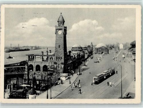Hamburg 1954 St. Pauli Landungsbrücken , Straßenbahn AK