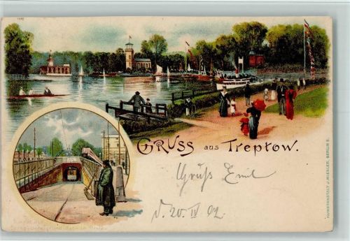 Treptow 1902 Gruss aus - Straßenbahn mit Tunnel, Partie am See AK
