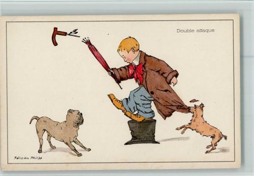 Serie 337-4 - Double Attaque - Junge und zwei Hunde , gute Erhaltung