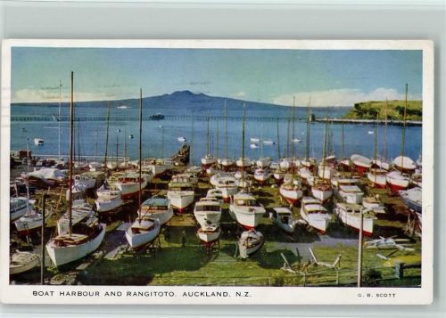 Auckland Boat Harbour and Rangitoto sign. B. B. Scott