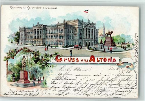 Altona 1899 Rathaus mit Kaiser Wilhelm-Denkmal Bismarck-Denkmal 2-Bildaufnahme