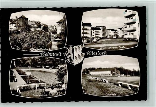 69168 W6908 Wiesloch 1965 Foto AK Wappen - Schwimmbad, Sporthalle, Albert-Schweitzer Straße, gute Erhaltung AK