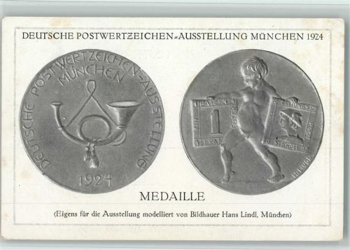 München 1924 Deutsche Postwertzeichen-Ausstellung Medaille Bildhauer Hans Lindl