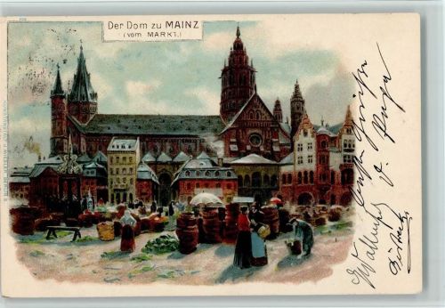 55116 W6500 Mainz a Rhein Lithographie Gruss aus - Nr. 405, Kunstanstalt Miesler , Marktszene, Stempelfleck