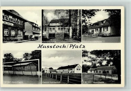 Haßloch V.f.B. Sportheim, Jahnstraße mit VW Bus, Schützenhaus, Naturfreundehaus , sehr gute Erhaltung AK