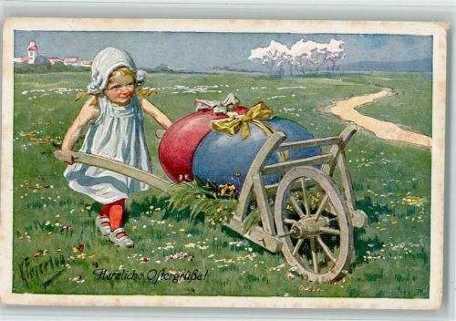 Verlag BKW Serie 4679-2 - Ostern Mädchen mit einer Schubkarre und großen Eiern AK
