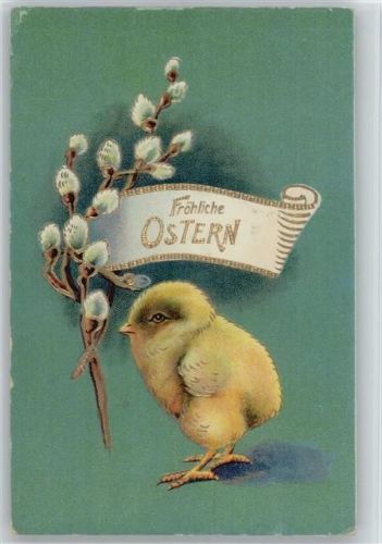 1912 Küken und Kätzchenzweig, Golddruck litho