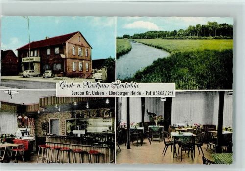 Gerdau Gast- und Rasthaus Hentschke mit Innenansicht, Bartresen, Autos vor dem Haus, VW Käfer, Musikbox, gute Erhaltung AK