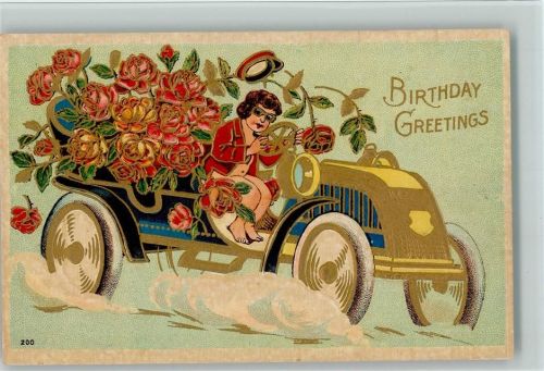 1909 Birthday Greeting - Blütenauto mit Rosen - Golddruck