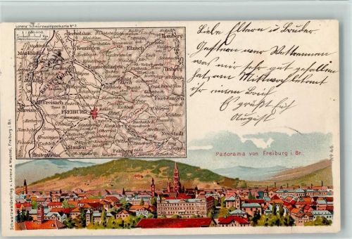 W7800 Freiburg im Breisgau Gesamtansicht Landkarte Landkarte 1900 Lithographie