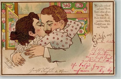 1899 Jugendstil, inniger Kuss, Gruss aus - AK