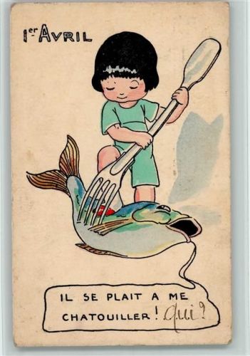 1926 Kind mit einem Fisch und einer Gabel AK