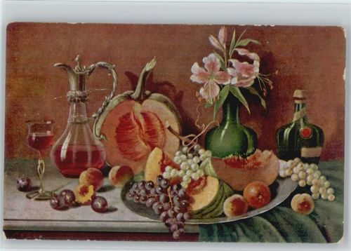 Karaffe und Weinglas im Jugendstil - Früchte, Blumenvase