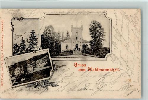96337 W8641 Waidmannsheil 1899 - Kirche Ortsansicht 2-Bildaufnahme Tannen