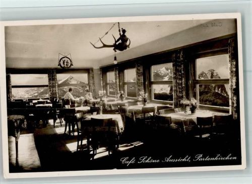 Partenkirchen 1940 Cafe Schöne Aussicht Innenansicht und Cafe Stempel AK