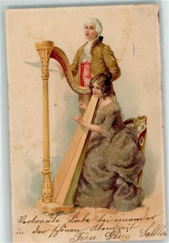 1900 AK mit Glasperlenauflage Frau spielt auf der Harfe