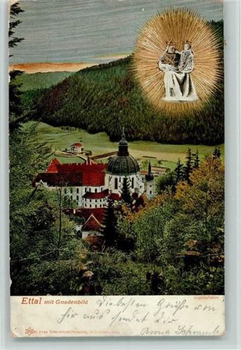 82488 W8107 Ettal 1903 Prägedruck Heilige Gnadenbild über dem Kloster AK