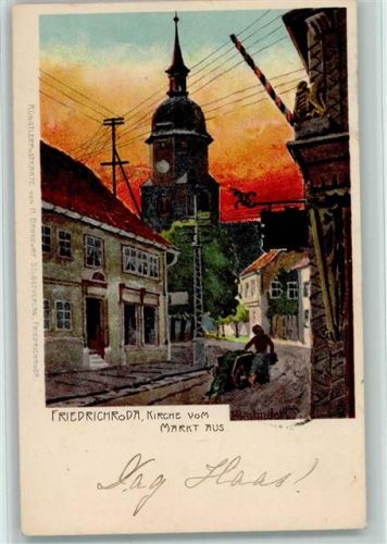 Friedrichroda 1902 Kirche vom Markt aus - Künstlerkarte sign Bahndorf - Selbstverlag