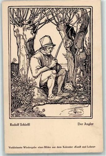 sign. Schiestl Der Angler AK Kunst und Leben Künstlerkarte