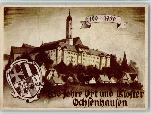 88416 W7955 Ochsenhausen 1100 Gebrauchsspuren Ortsansicht mit Kloster Wappen